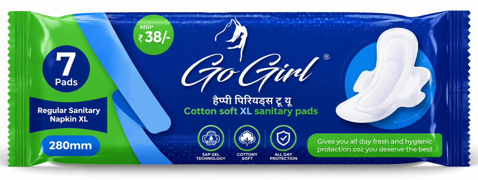 Go Girl XL cotton soft sanitary pads 280mm pack of 7, MRP Rs 38