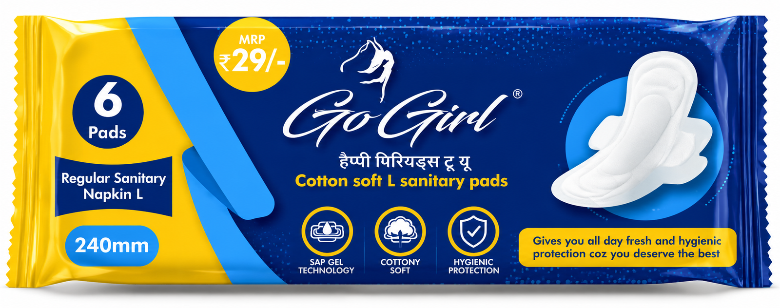 Go Girl L cotton soft sanitary pads 240mm pack of 6, MRP Rs 29