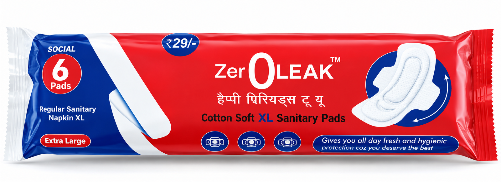 Zero Leak XL sanitary pads 280mm pack of 6, MRP Rs 29